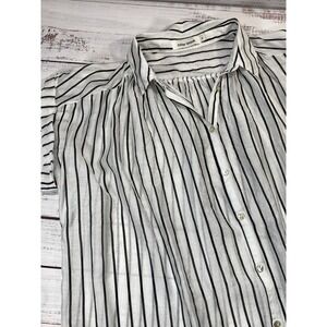 Color Block Top Women Medium White Black Striped Button Down Short Sleeve Casual